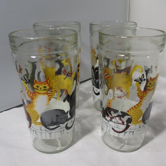 Set of 4 Anchor Hocking Cats on a Fence Playful Kittens Glass Drinking Cups - Picture 1 of 12